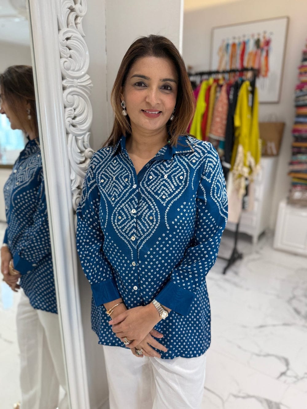 Premium Bandhani Print Crepe Satin Shirt for Women