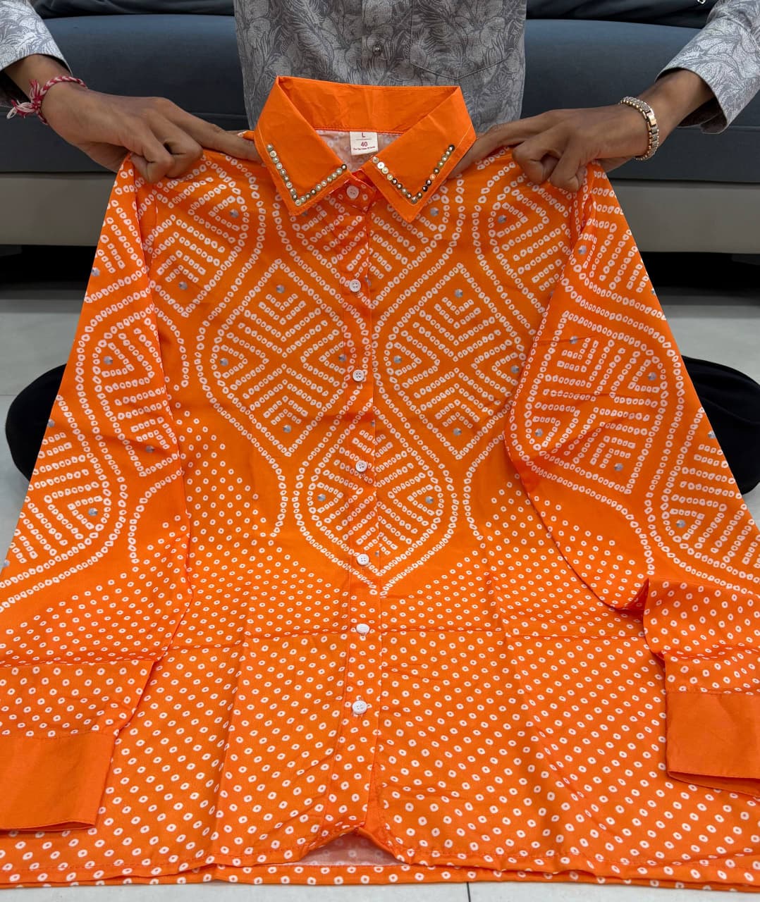 Premium Bandhani Print Crepe Satin Shirt for Women