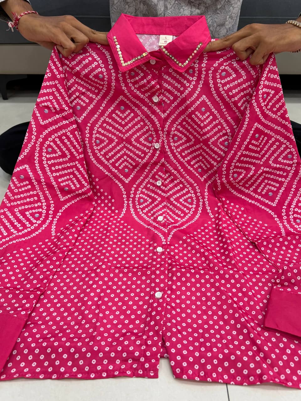Premium Bandhani Print Crepe Satin Shirt for Women