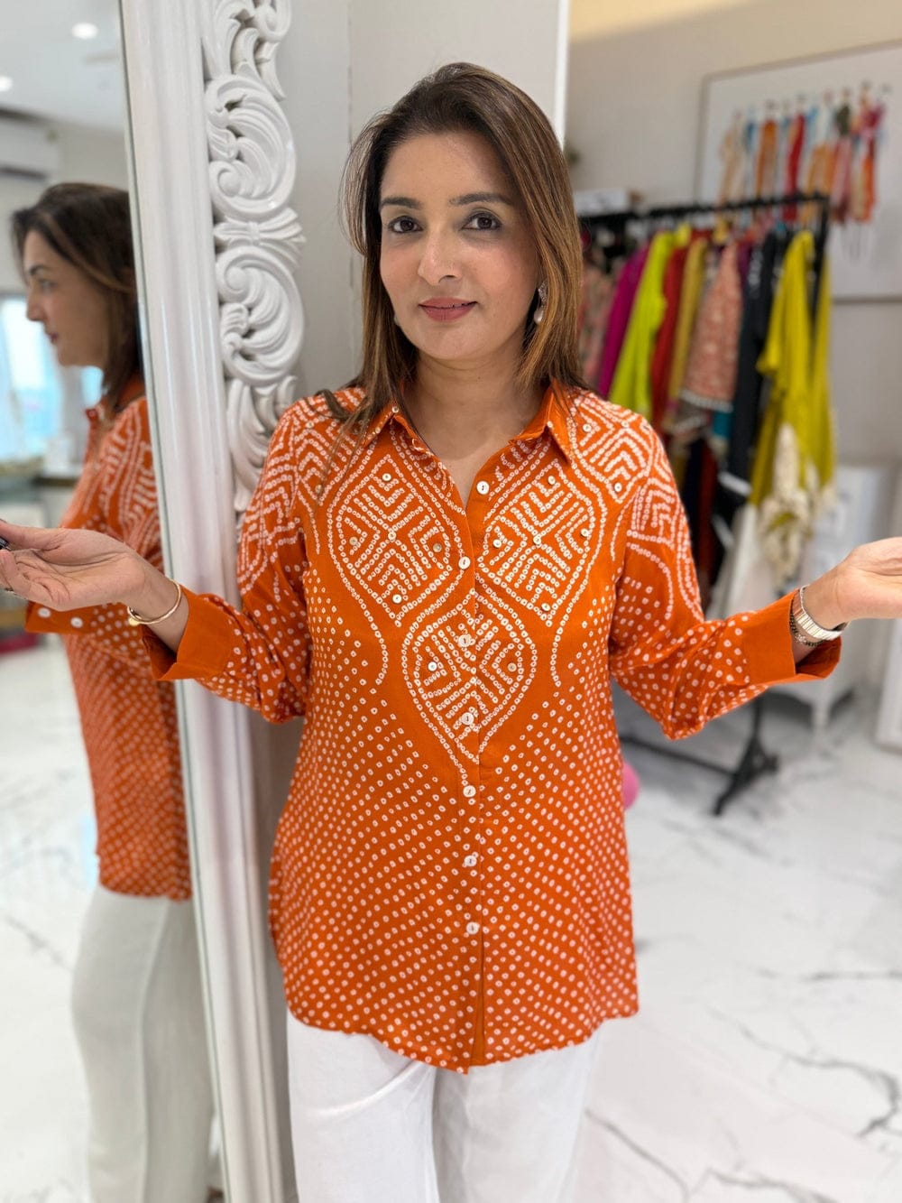 Premium Bandhani Print Crepe Satin Shirt for Women