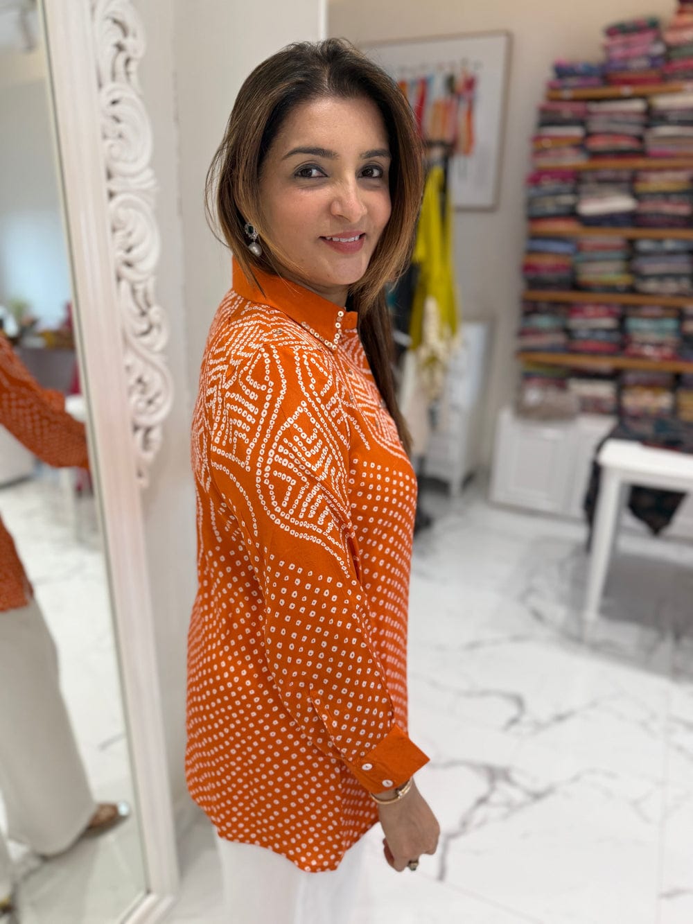 Premium Bandhani Print Crepe Satin Shirt for Women
