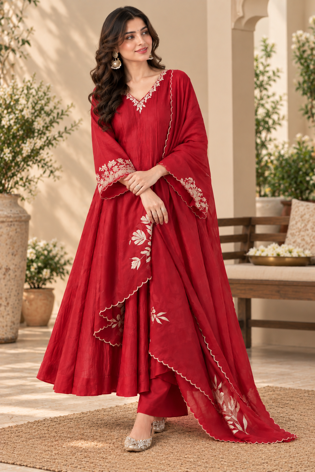 Red Chanderi Embroidery Work Kurta Pant Dupatta Set for Women