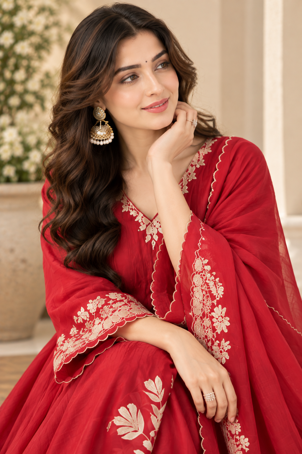 Red Chanderi Embroidery Work Kurta Pant Dupatta Set for Women