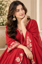 Red Chanderi Embroidery Work Kurta Pant Dupatta Set for Women
