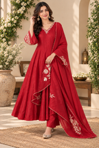 Red Chanderi Embroidery Work Kurta Pant Dupatta Set for Women