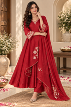 Red Chanderi Embroidery Work Kurta Pant Dupatta Set for Women