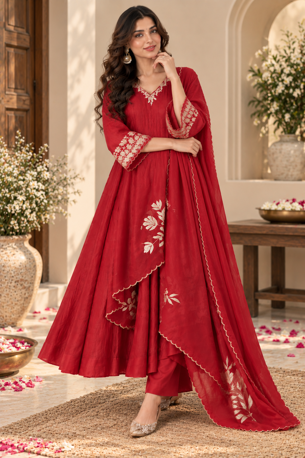 Red Chanderi Embroidery Work Kurta Pant Dupatta Set for Women