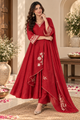 Red Chanderi Embroidery Work Kurta Pant Dupatta Set for Women