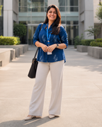 Navy Blue Rayon Printed Casual Shirt for Women | Office Wear Collared Shirt