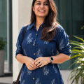 Navy Blue Rayon Printed Casual Shirt for Women | Office Wear Collared Shirt