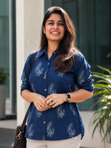 Navy Blue Rayon Printed Casual Shirt for Women | Office Wear Collared Shirt
