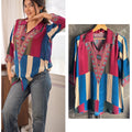Blue & Beige Ajrakh Printed Crepe Satin Shirt for Women | Designer Casual Top