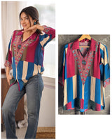 Blue & Beige Ajrakh Printed Crepe Satin Shirt for Women | Designer Casual Top