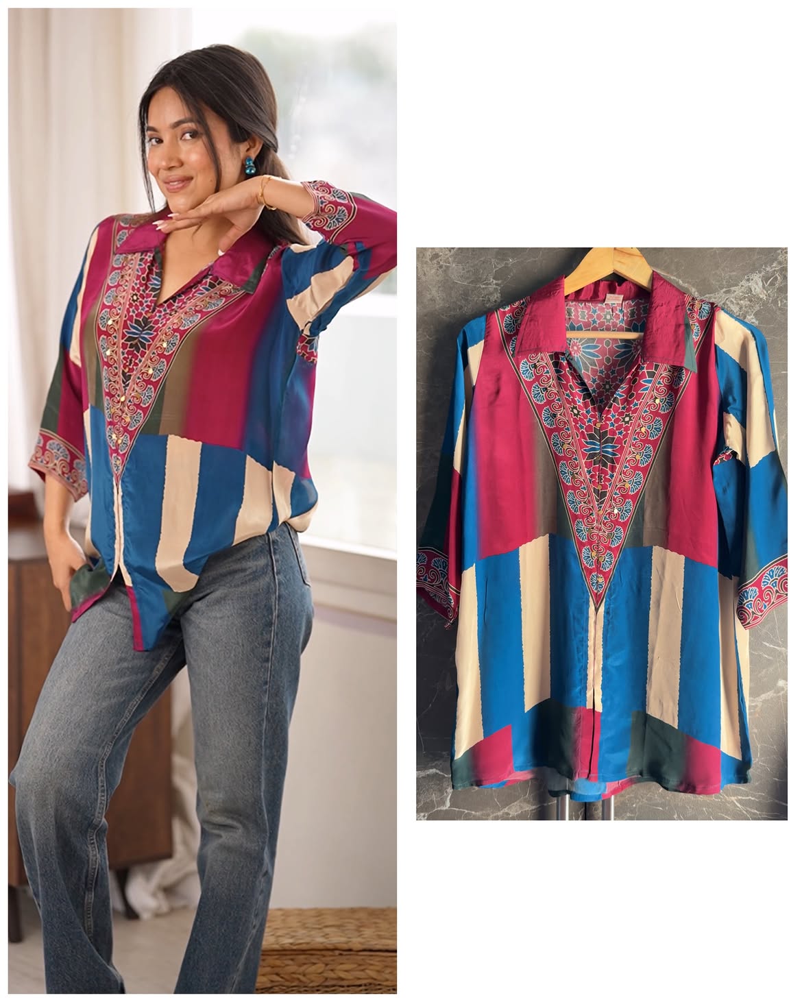 Blue & Beige Ajrakh Printed Crepe Satin Shirt for Women | Designer Casual Top