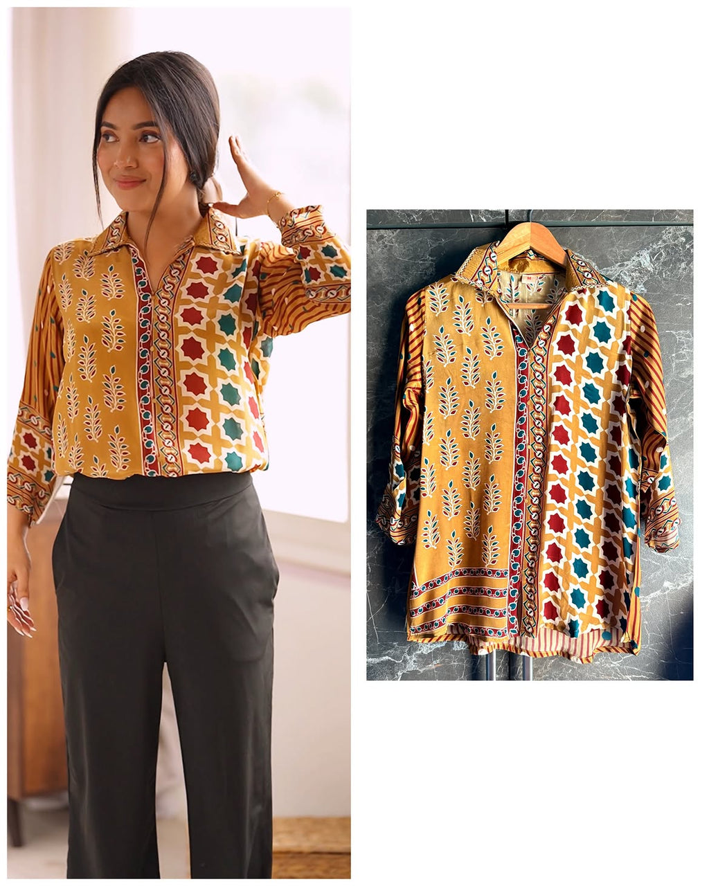 Yellow Ajrakh Printed Crepe Satin Shirt for Women | Stylish Indo Western Top