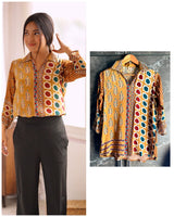 Yellow Ajrakh Printed Crepe Satin Shirt for Women | Stylish Indo Western Top