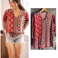 Red Ajrakh Printed Crepe Satin Shirt for Women | Indo Western Casual Top