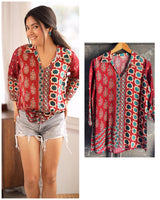 Red Ajrakh Printed Crepe Satin Shirt for Women | Indo Western Casual Top