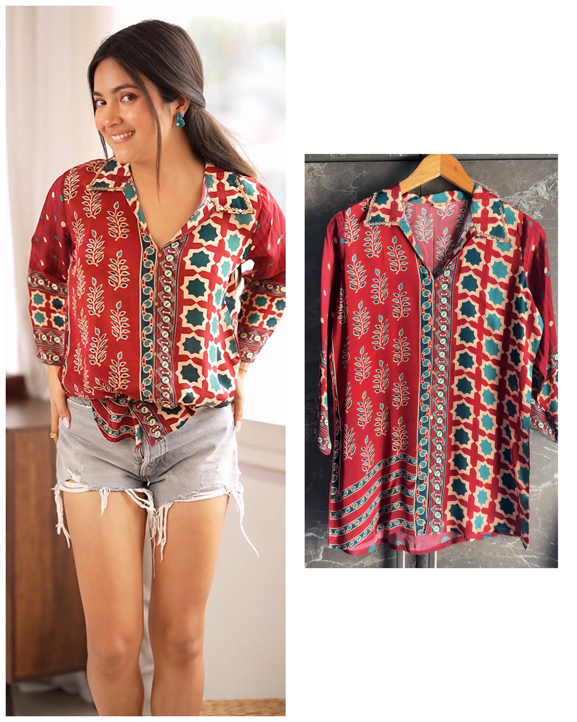 Red Ajrakh Printed Crepe Satin Shirt for Women | Indo Western Casual Top