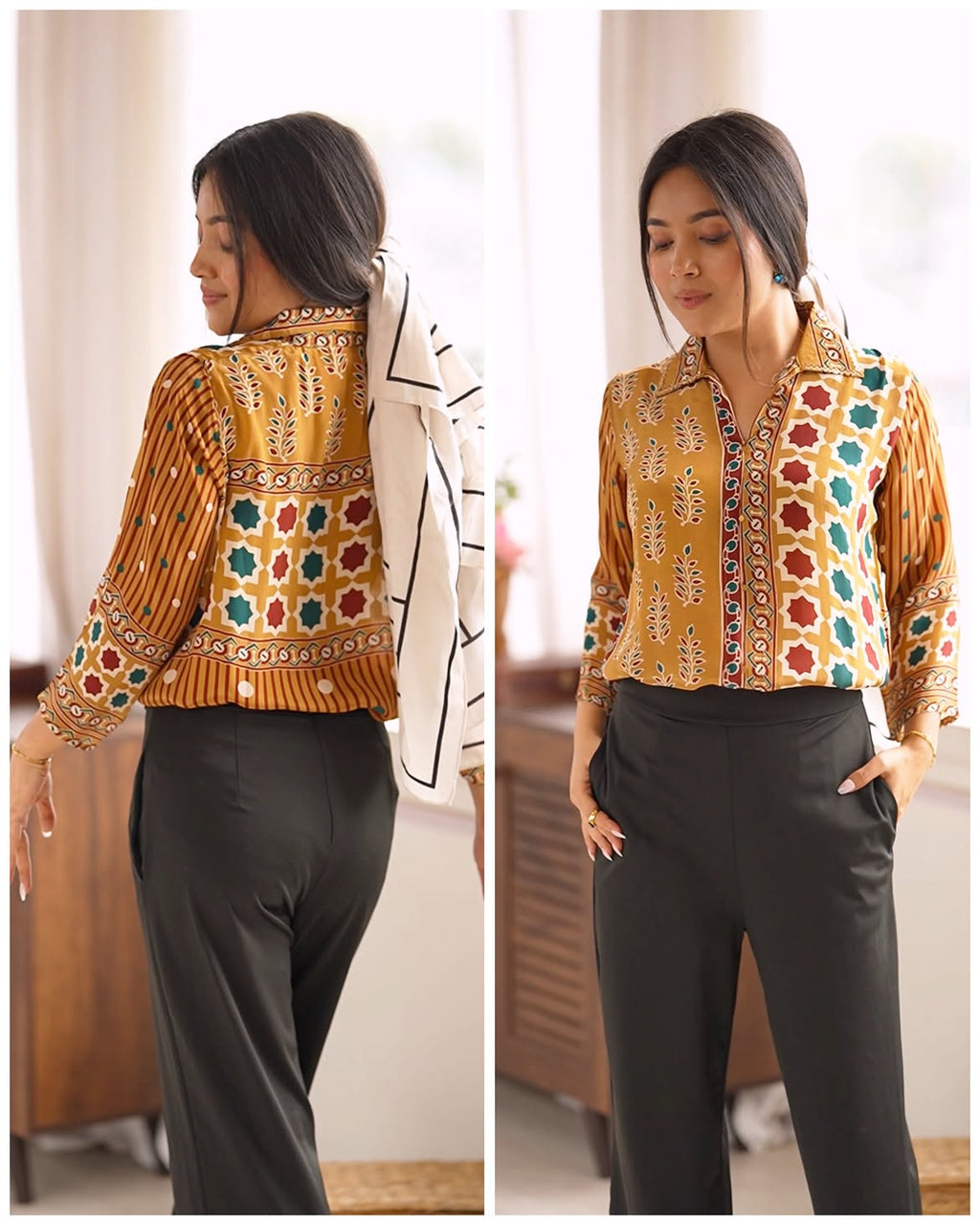 Yellow Ajrakh Printed Crepe Satin Shirt for Women | Stylish Indo Western Top