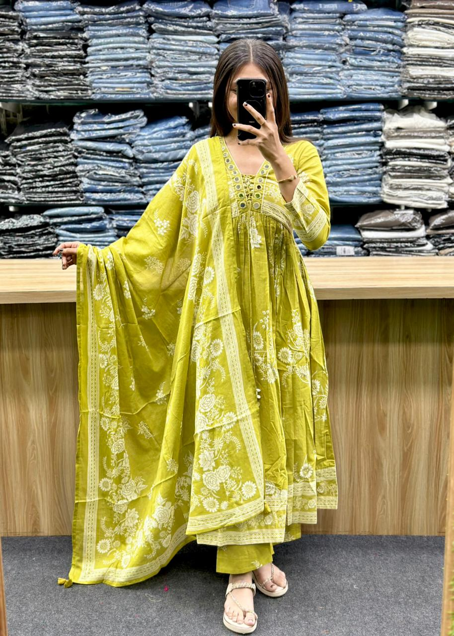 Lime Green Designer Kurti Set for Women with Dupatta | Cotton Ethnic Wear Unity Designer