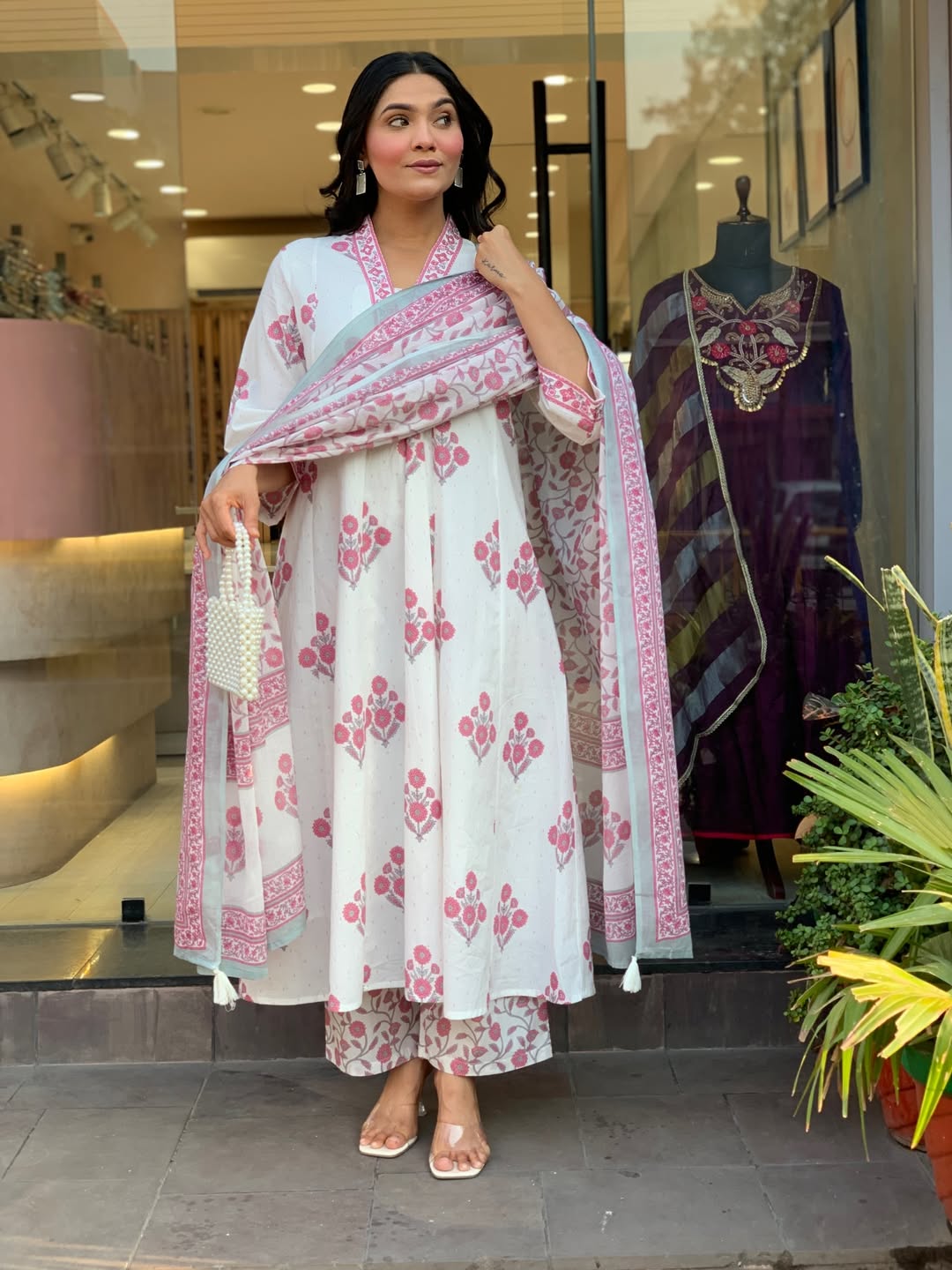White Pink Floral Kurti Set for Women with Dupatta | Mul Cotton Ethnic Wear Unity Designer