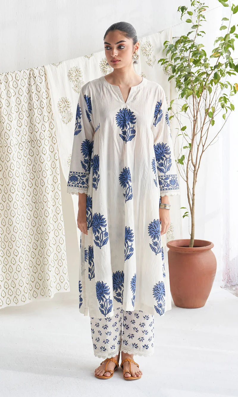 White Blue Pure Cotton Kurti Pant Dupatta Set