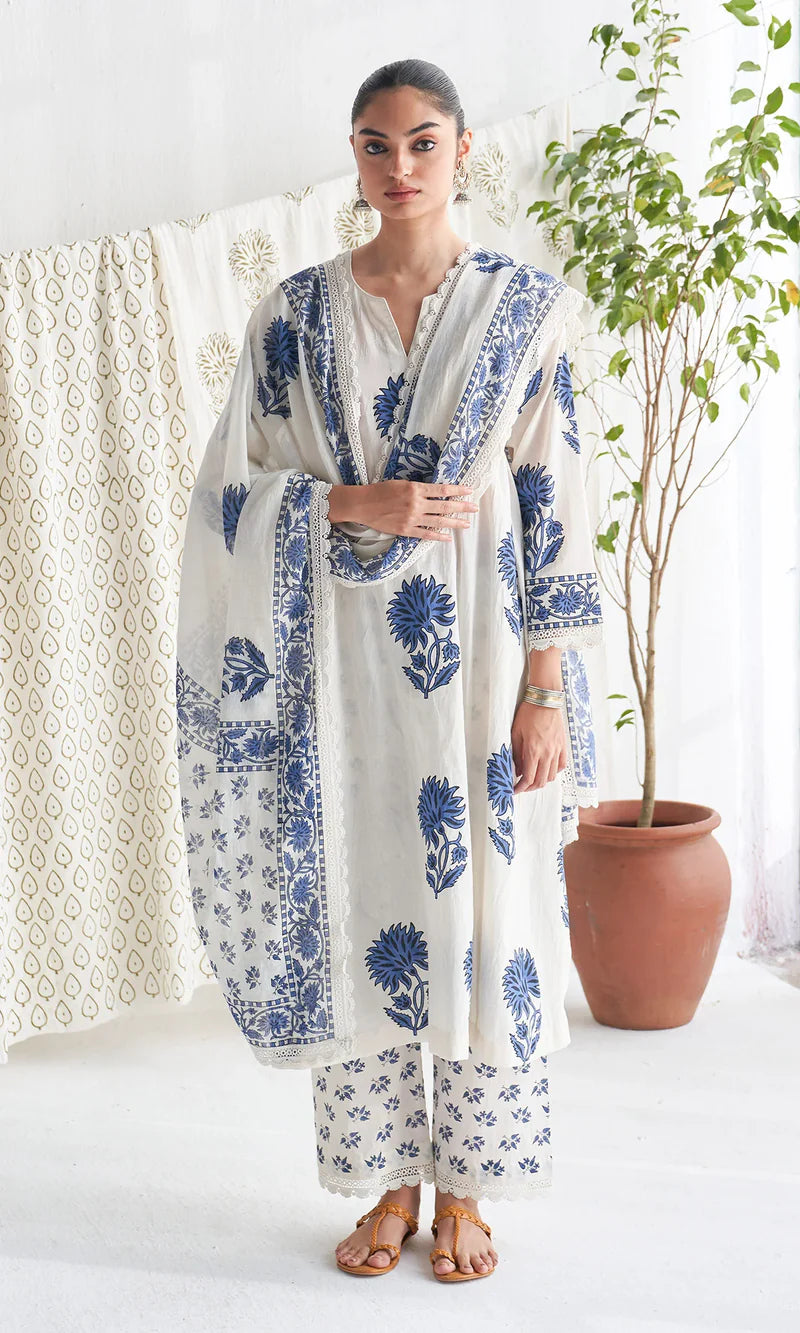 White Blue Pure Cotton Kurti Pant Dupatta Set
