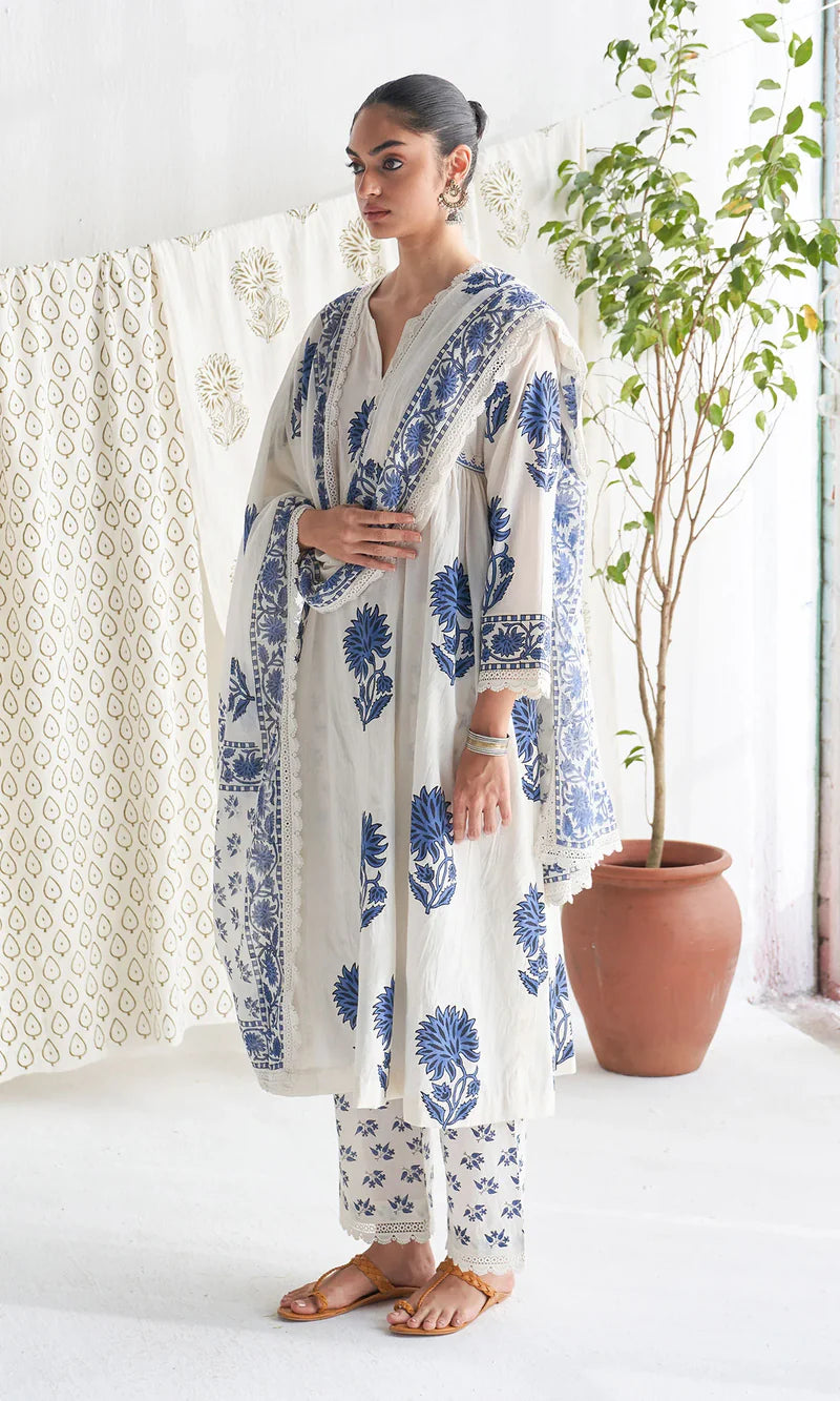 White Blue Pure Cotton Kurti Pant Dupatta Set