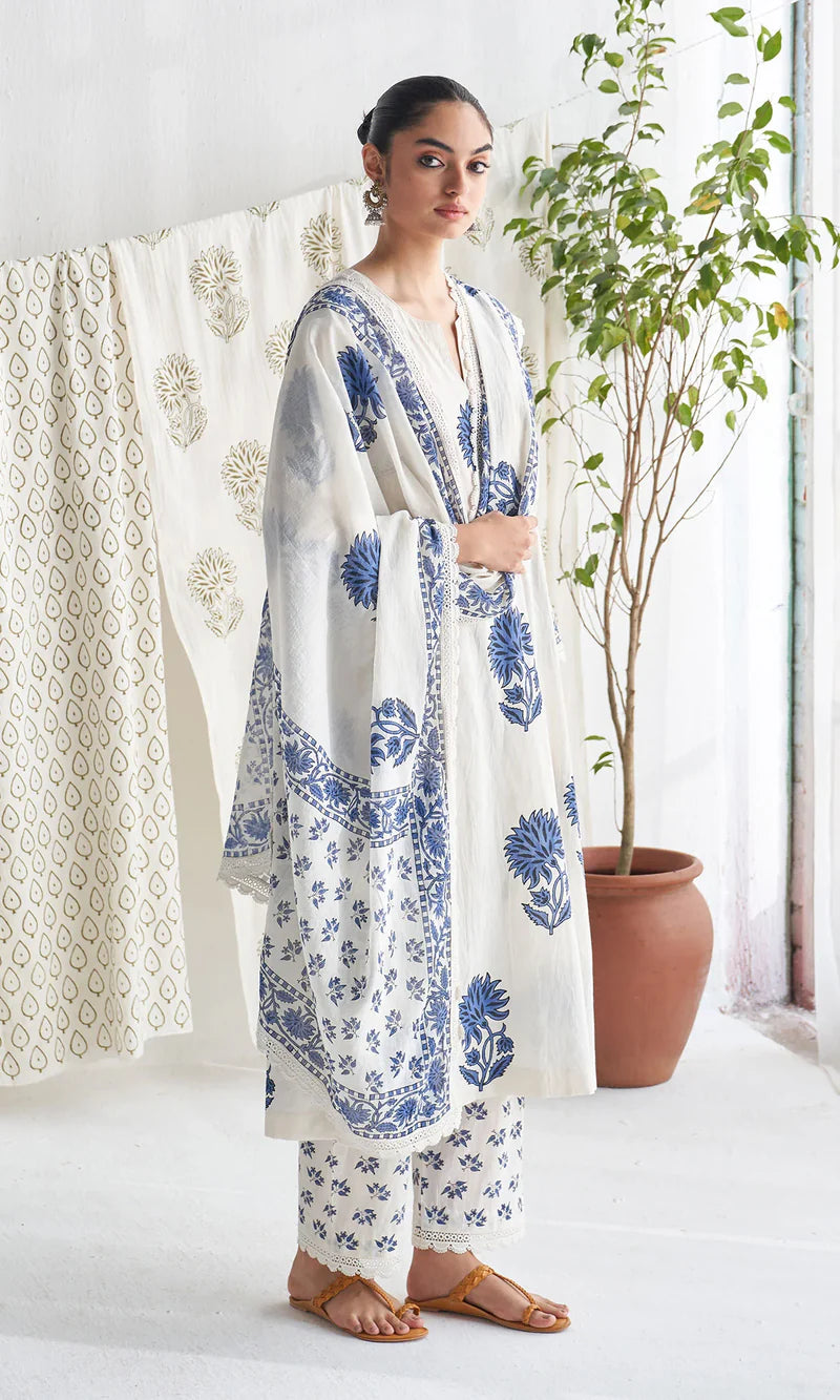 White Blue Pure Cotton Kurti Pant Dupatta Set