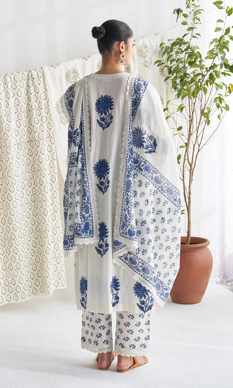 White Blue Pure Cotton Kurti Pant Dupatta Set
