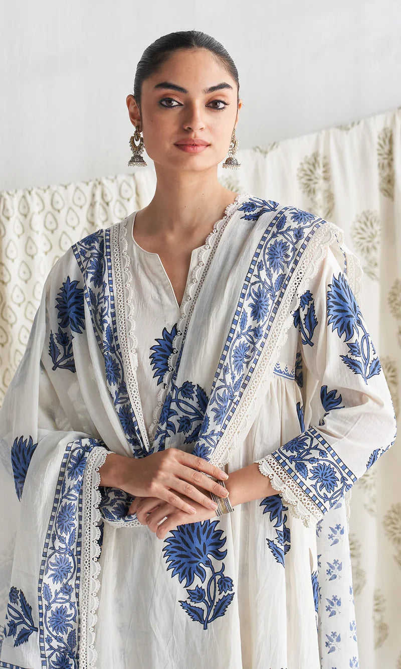 White Blue Pure Cotton Kurti Pant Dupatta Set