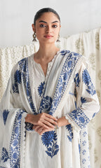 White Blue Pure Cotton Kurti Pant Dupatta Set