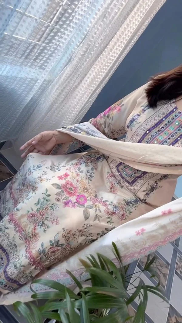 Cream Lilac Silk Kurti Pant Dupatta Set with Mirror Work