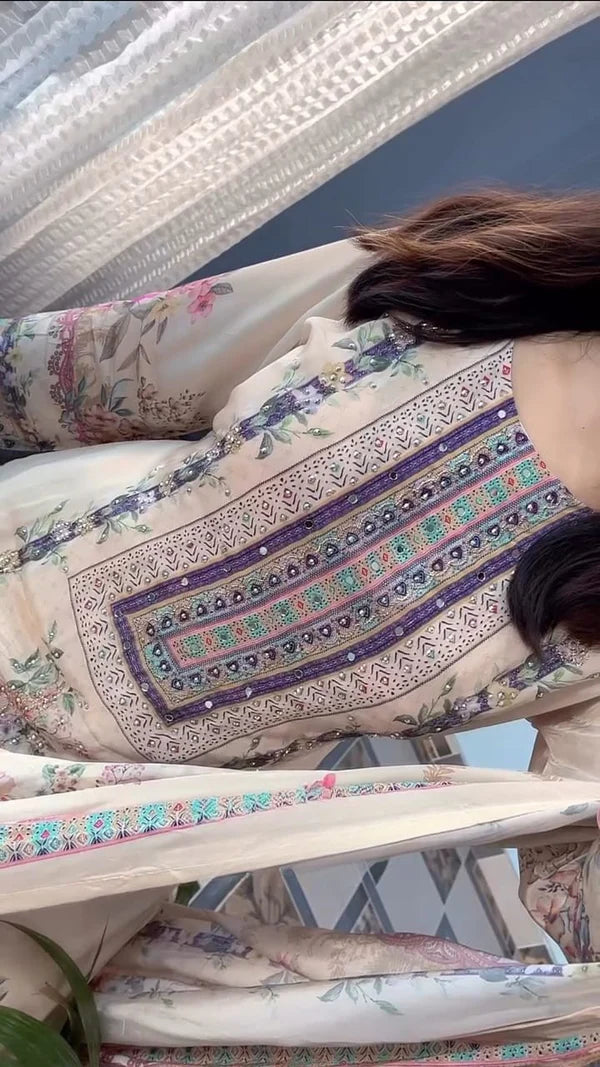 Cream Lilac Silk Kurti Pant Dupatta Set with Mirror Work