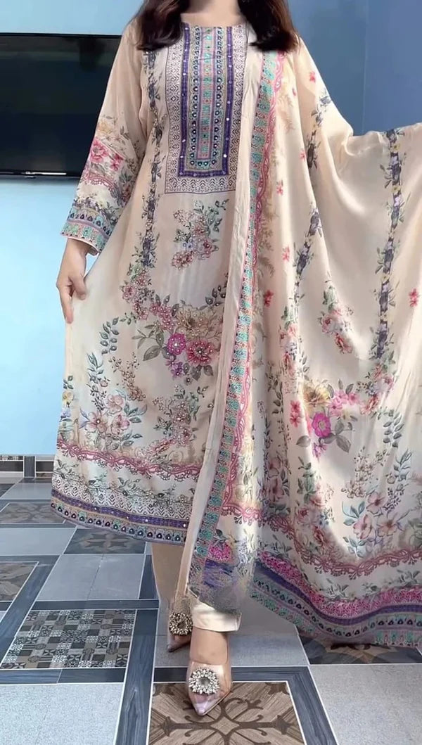 Cream Lilac Silk Kurti Pant Dupatta Set with Mirror Work