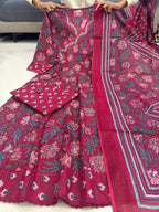 Maroon Jaipuri Cotton Anarkali Kurti Pant Dupatta Set
