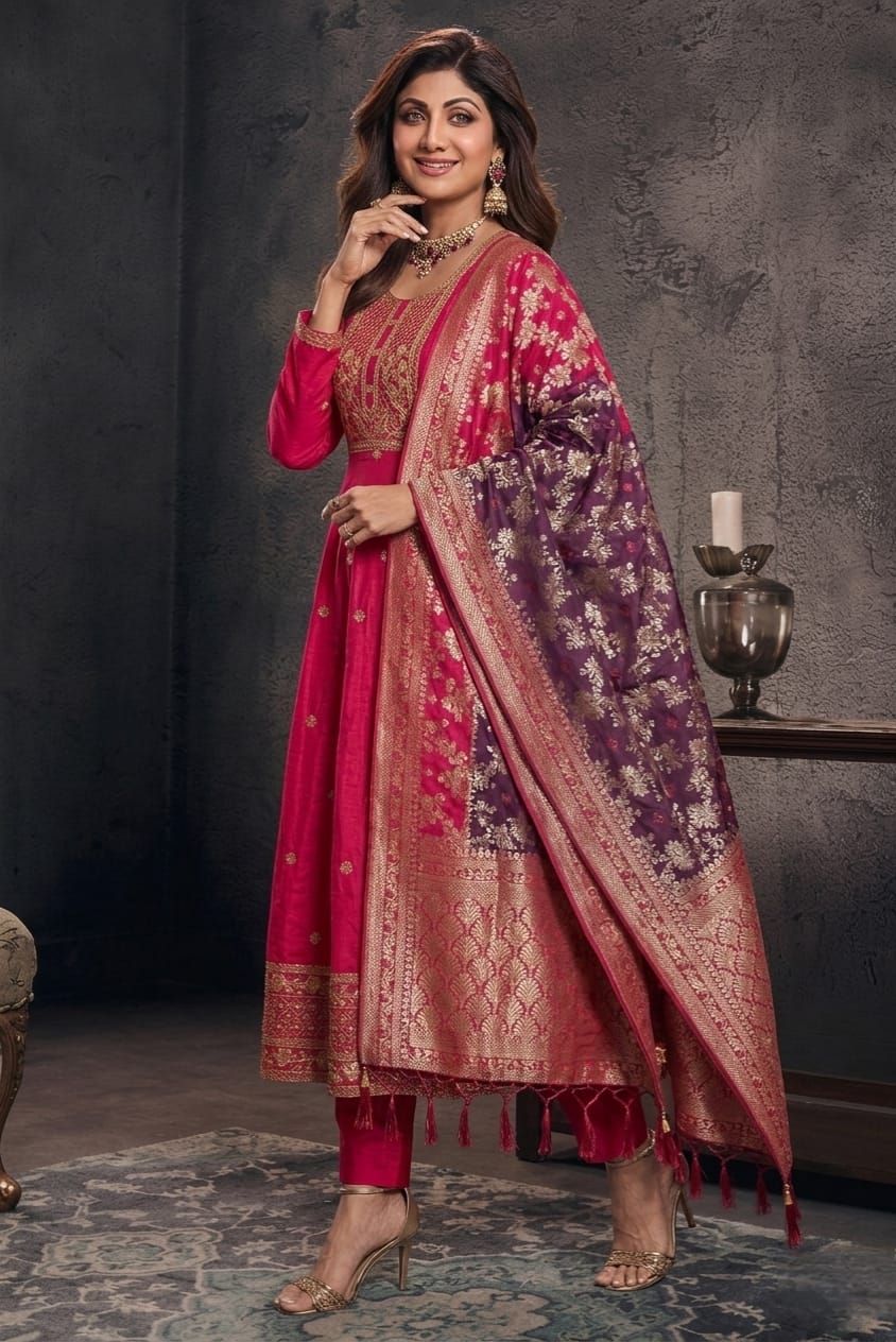 Banana Silk Anarkali Kurti Pant Dupatta Set for Women