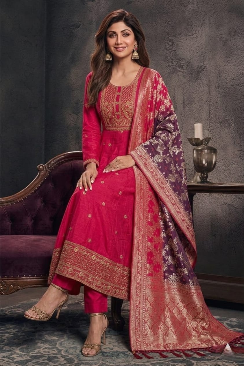 Banana Silk Anarkali Kurti Pant Dupatta Set for Women