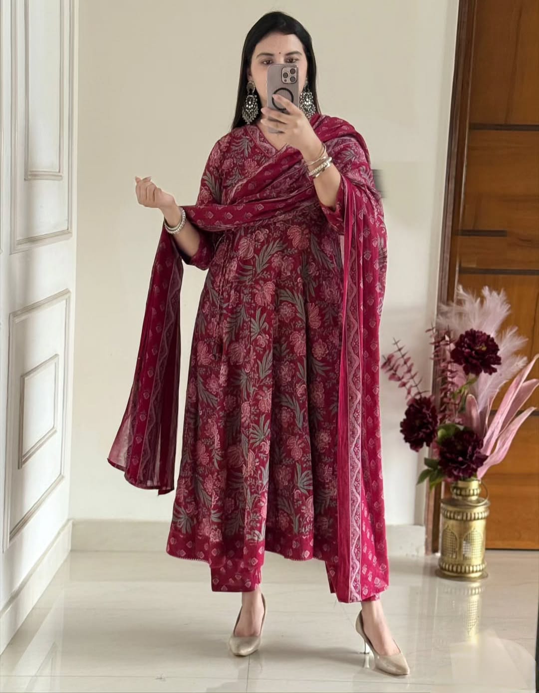 Maroon Jaipuri Cotton Anarkali Kurti Pant Dupatta Set