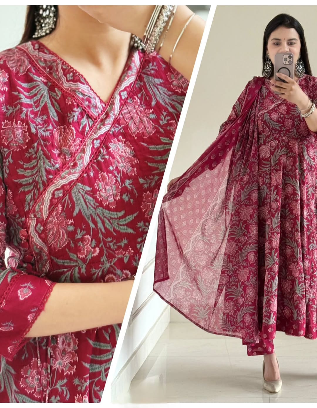 Maroon Jaipuri Cotton Anarkali Kurti Pant Dupatta Set