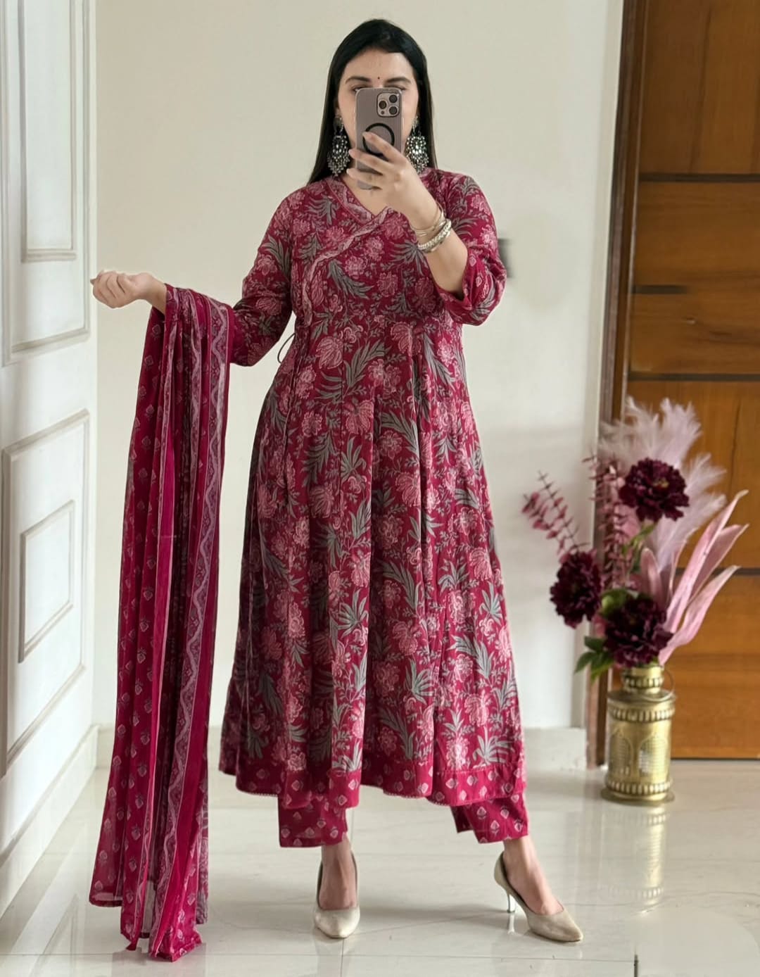 Maroon Jaipuri Cotton Anarkali Kurti Pant Dupatta Set