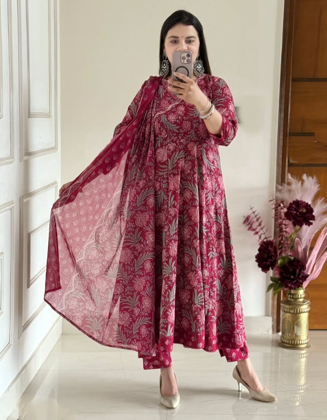 Maroon Jaipuri Cotton Anarkali Kurti Pant Dupatta Set