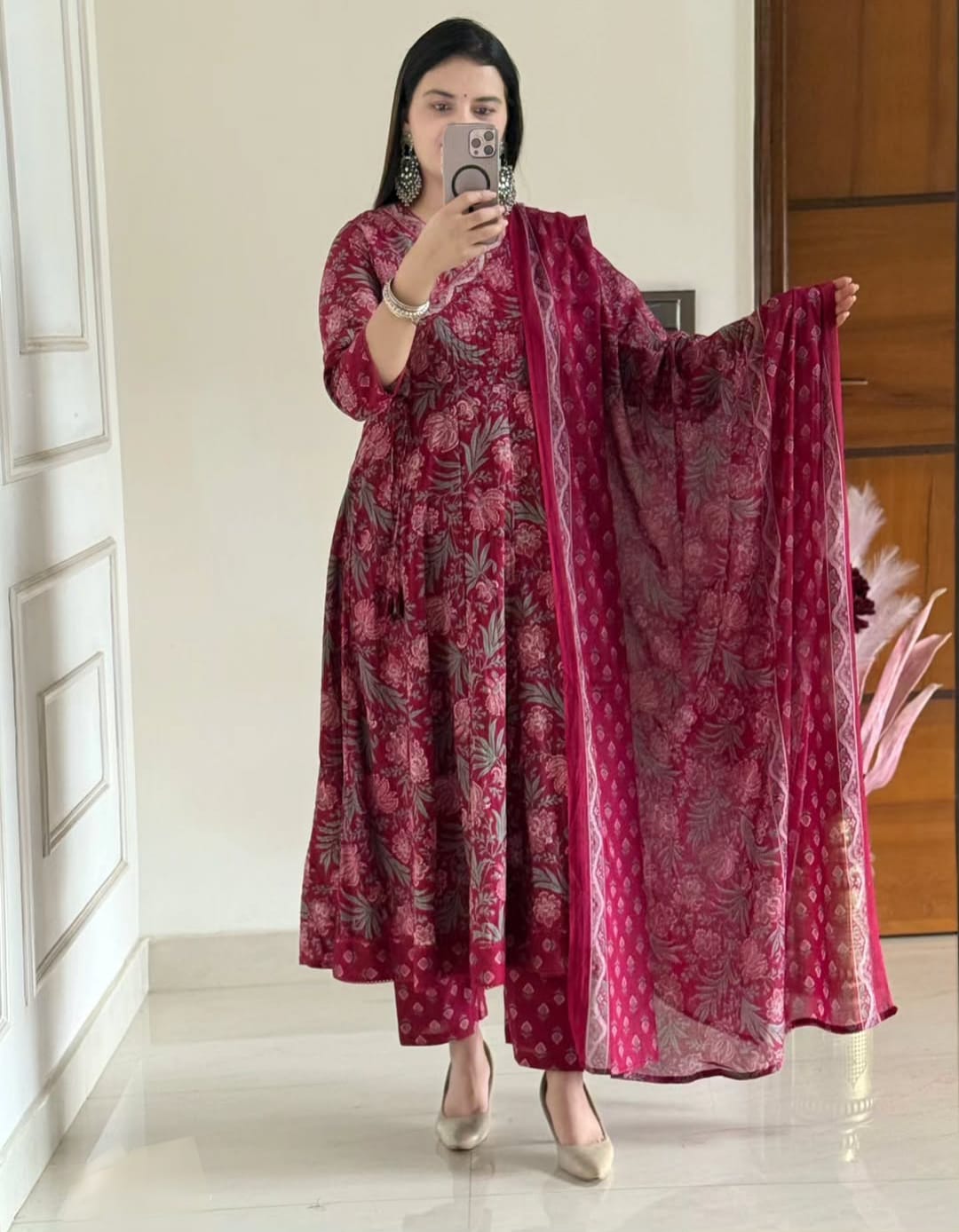 Maroon Jaipuri Cotton Anarkali Kurti Pant Dupatta Set
