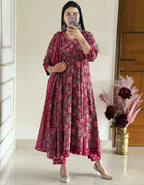 Maroon Jaipuri Cotton Anarkali Kurti Pant Dupatta Set