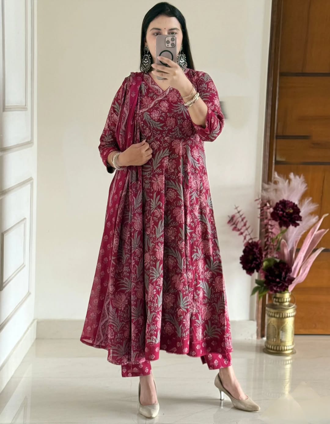 Maroon Jaipuri Cotton Anarkali Kurti Pant Dupatta Set