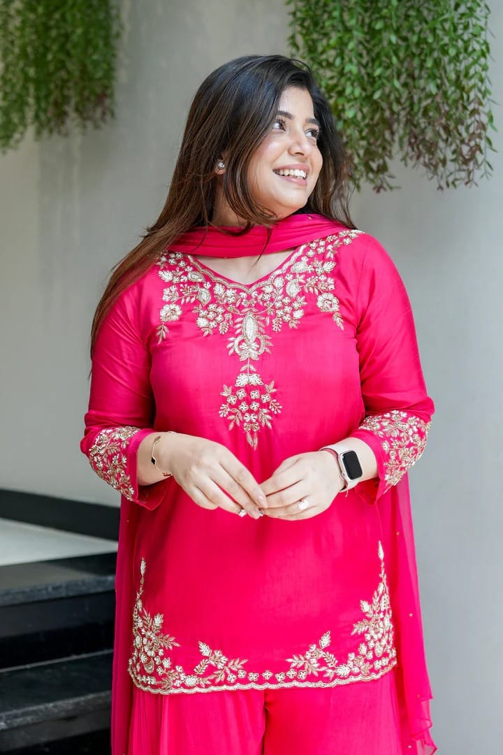 Designer Embroidered Kurti Sharara Set with Dupatta for Women