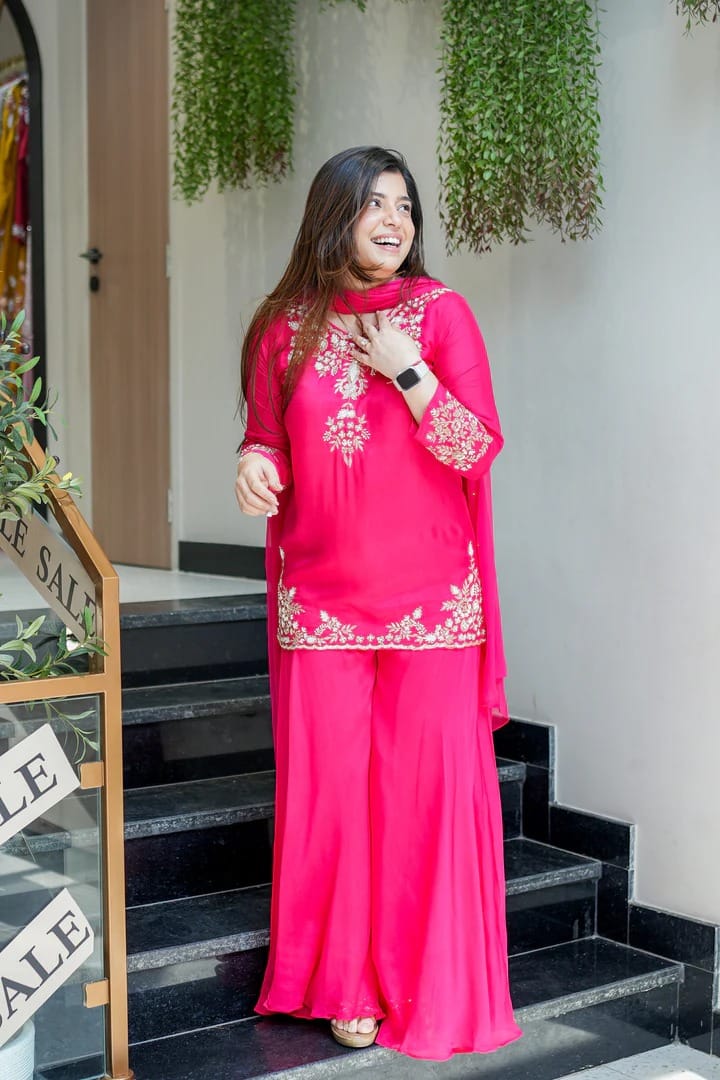 Designer Embroidered Kurti Sharara Set with Dupatta for Women