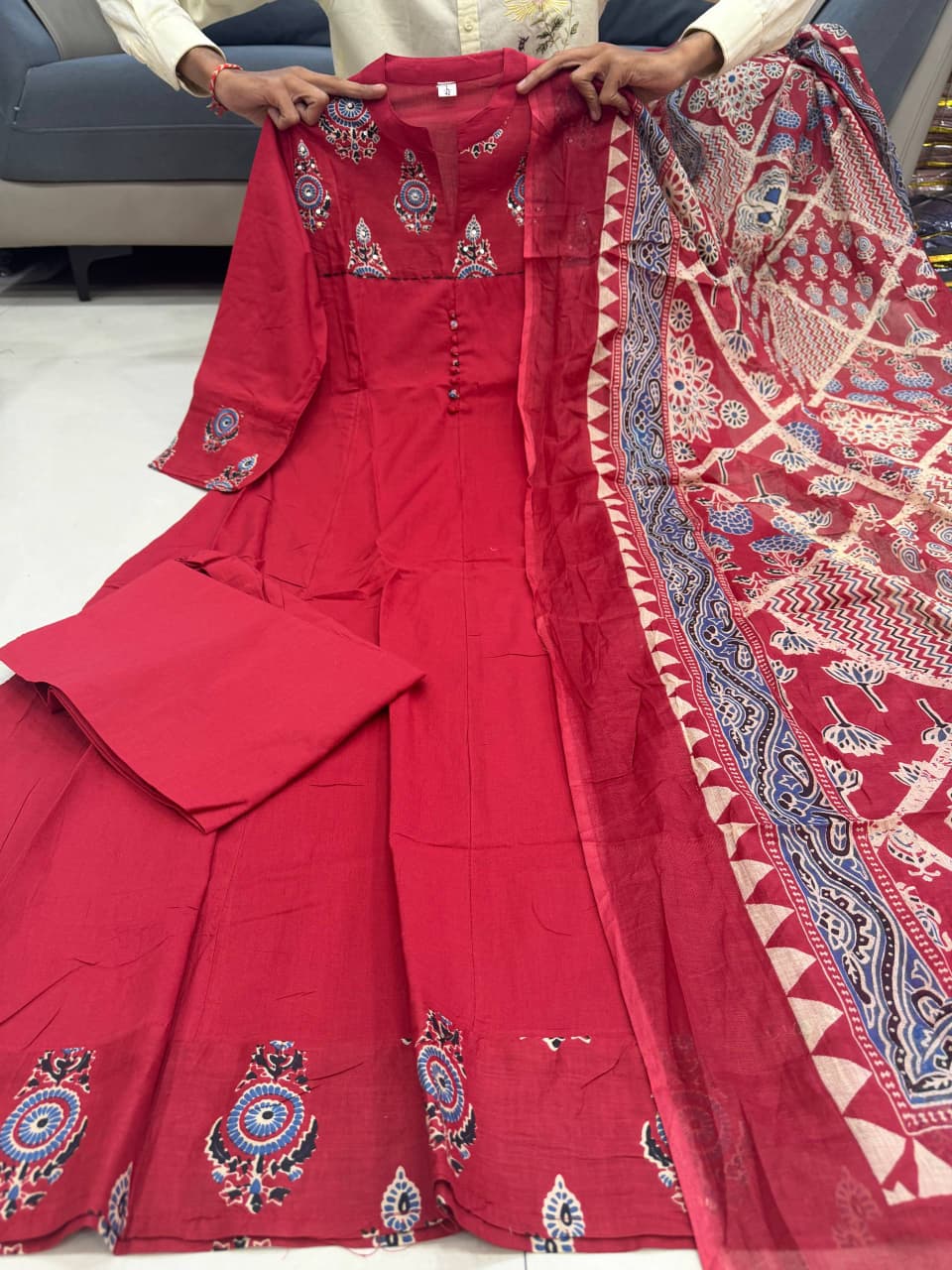 Jaipuri Cotton Anarkali Kurti Pant Dupatta Set – Block Print