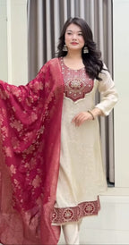 Cream Banarasi Party Wear Kurti Pant Dupatta Set